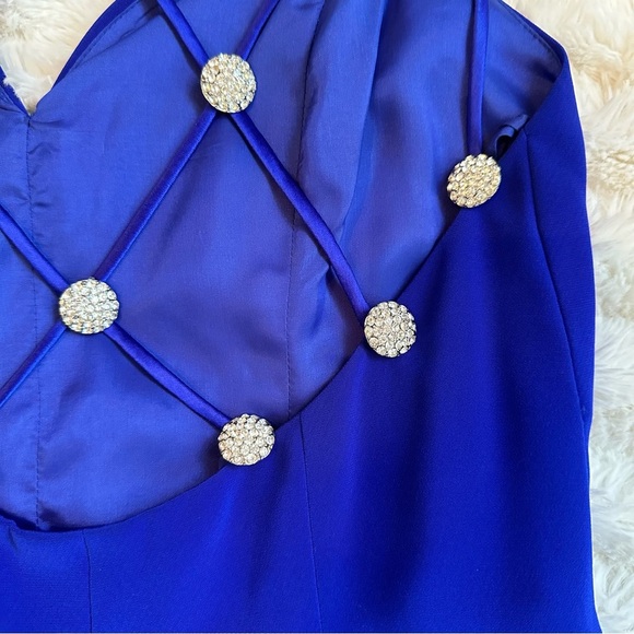 Vintage NITELINE Della Rougogali Sapphire Rhinestone Strap Open Back Mid Dress 4 - Picture 3 of 12